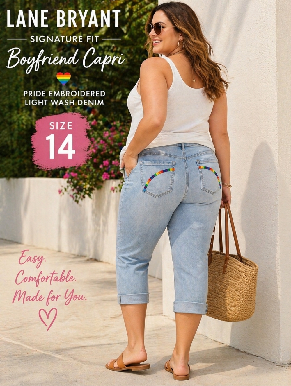 Lane Bryant Lightwash Flex Waistband  Boyfriend Capri Jeans Rainbow Pocket Trim